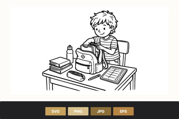 Boy Packing Backpack Line Art Graphics