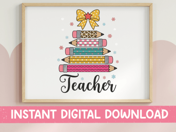 Christmas Teacher Pencil Tree Pink Graphics for T-Shirt Designs