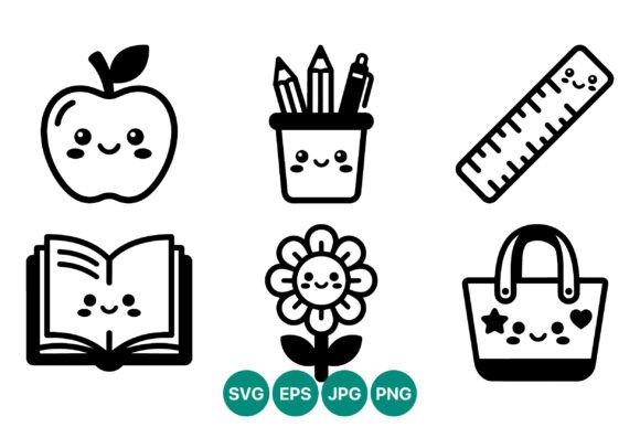 Cute School Essentials Icon Set: Graphics & Illustrations