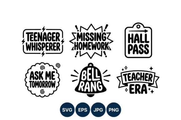 Playful School Phrase Icons: Bold Graphics & Illustrations