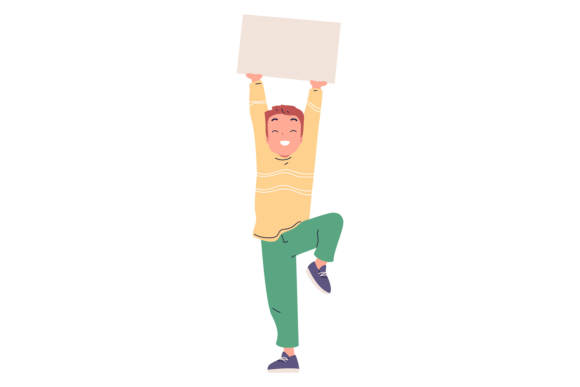 Reviewing Happy Kid Hold Paper Banner. School Boy Graphics and Illustrations