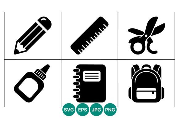 School Supplies Icon Set Black White Graphics and Illustrations