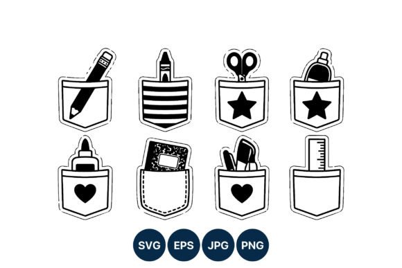 School Supplies Pocket Icons: Graphics & Illustrations