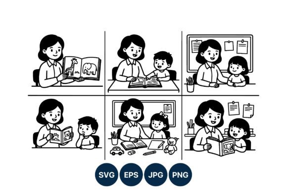 Teacher Reading Animal Book to Children Graphics and Illustrations