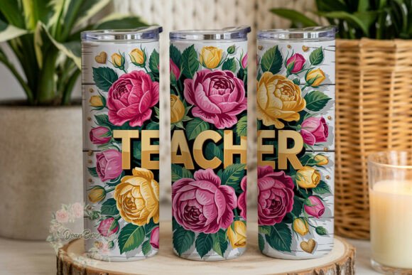Teacher Roses Glitter Gold Tumbler Wraps Graphics